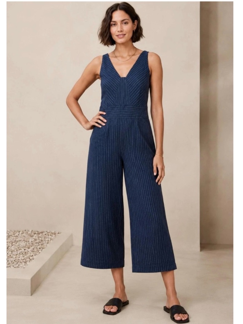 Banana Republic Linen Blend Striped Sleeveless Wide Leg Woven Jumpsuit Navy 10P